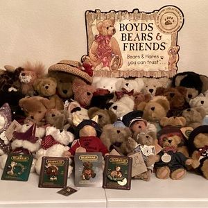 Boyd’s Bear Lot of 58 Bear, Stands, Sign, and Collector Pins